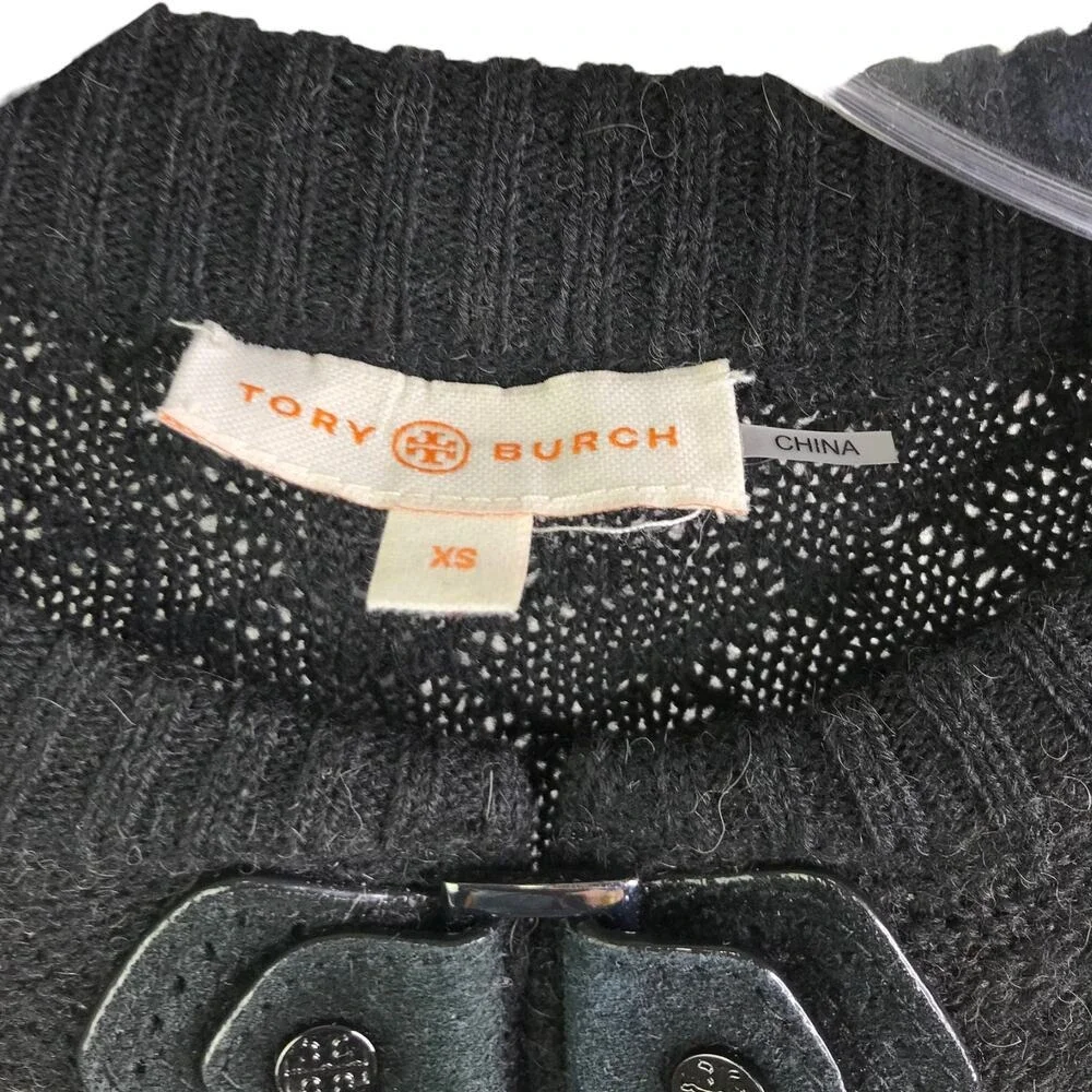 Tory Burch Sweater XS Black Wool Alpaca Leather Toggle Quiet Luxury Luxe‎ Knit